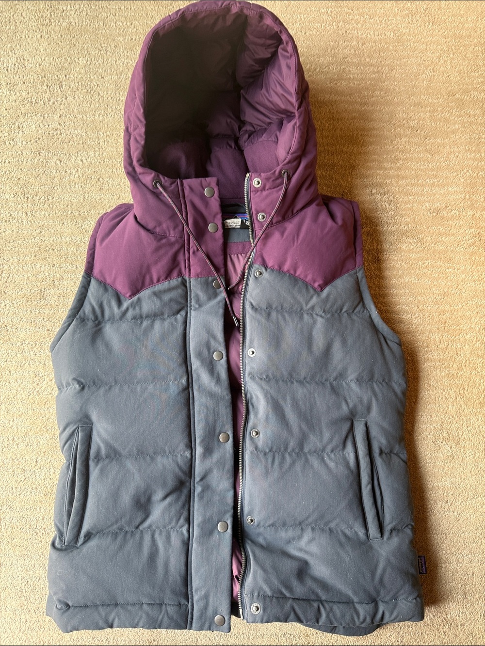 Patagonia Hooded Puffer Vest in Plum and Charcoal
